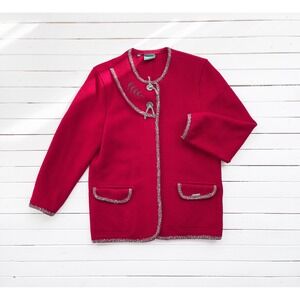 vtg Geiger red‎ boiled wool Austrian Tyrolian sweater cardigan jacket S-M